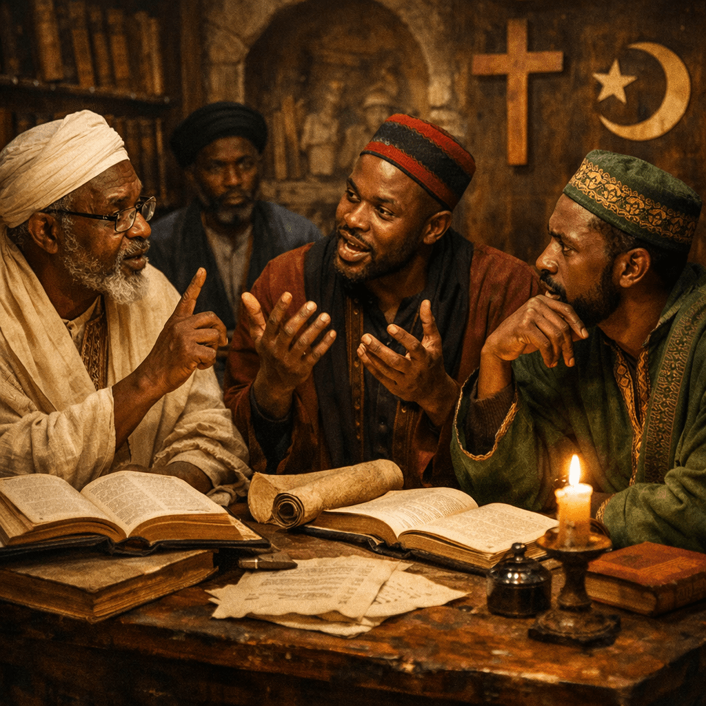 Four men discussing religious texts with Christian and Islamic symbols in the background